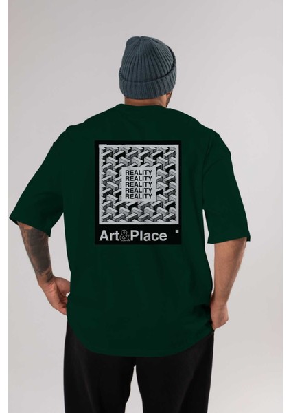 Reality Arka Baskılı Zümrüt Yeşili Oversize T-Shirt Erkek Kadın Bisiklet Yaka