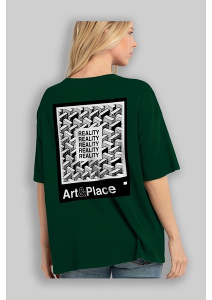 Reality Arka Baskılı Zümrüt Yeşili Oversize T-Shirt Erkek Kadın Bisiklet Yaka fırsatları