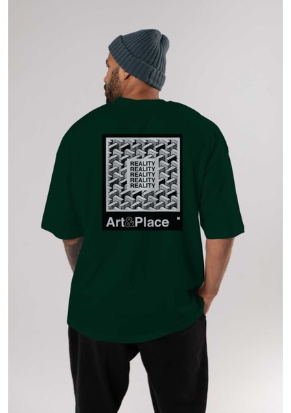 Reality Arka Baskılı Zümrüt Yeşili Oversize T-Shirt Erkek Kadın Bisiklet Yaka indirimleri