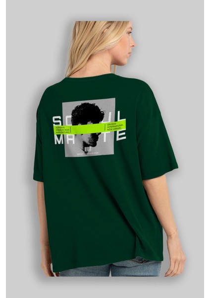 Soul Mate Arka Baskılı Zümrüt Yeşili Oversize T-Shirt Erkek Kadın Bisiklet Yaka fırsatları