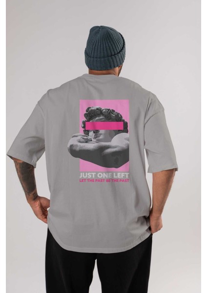 Just One Left Arka Baskılı Gri Oversize T-Shirt Unisex Erkek Kadın Bisiklet Yaka