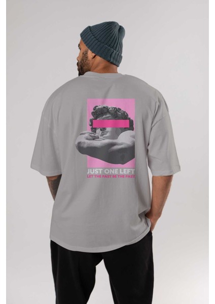 Just One Left Arka Baskılı Gri Oversize T-Shirt Unisex Erkek Kadın Bisiklet Yaka fırsatları