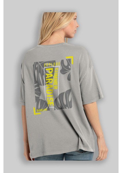 Explore Summer Arka Baskılı Gri Oversize T-Shirt Unisex Erkek Kadın Bisiklet Yaka modelleri