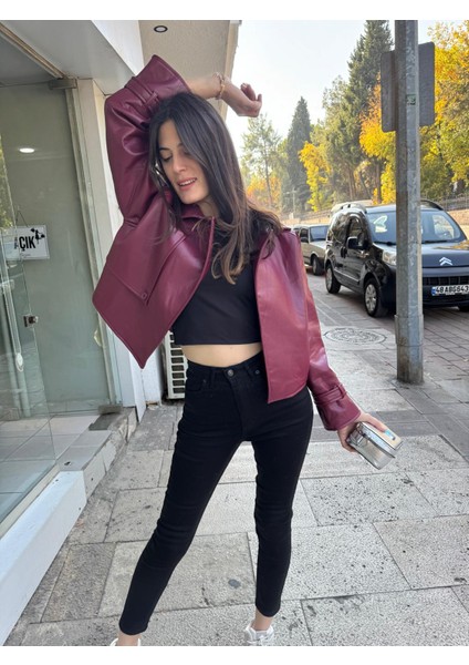 Vintage Kadın Bordo Deri Biker Ceket