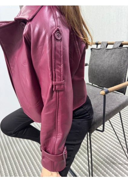 Vintage Kadın Bordo Deri Biker Ceket modelleri
