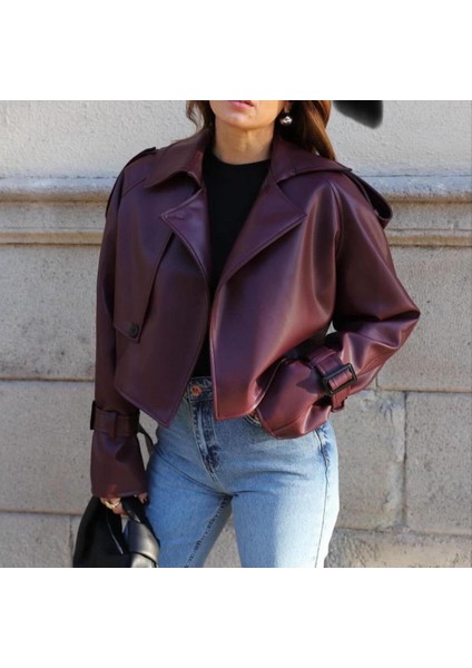 Vintage Kadın Bordo Deri Biker Ceket fırsatları