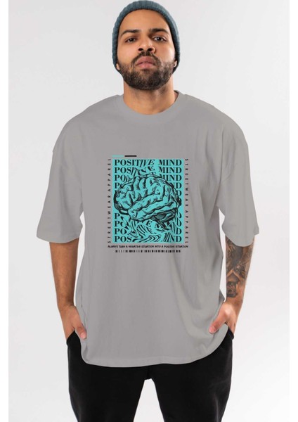 Positive Mind Ön Baskılı Gri Oversize T-Shirt Unisex Erkek Kadın Bisiklet Yaka