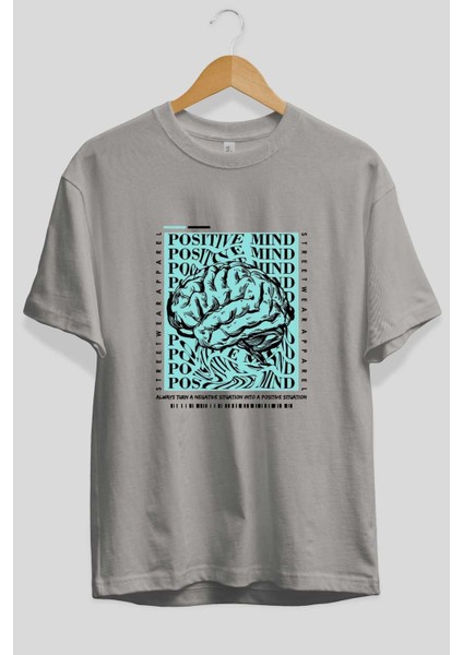 Positive Mind Ön Baskılı Gri Oversize T-Shirt Unisex Erkek Kadın Bisiklet Yaka fiyatları