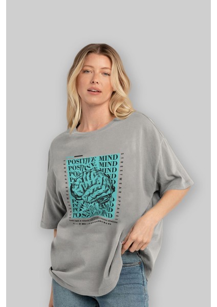 Positive Mind Ön Baskılı Gri Oversize T-Shirt Unisex Erkek Kadın Bisiklet Yaka fırsatları