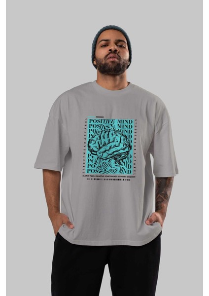 Positive Mind Ön Baskılı Gri Oversize T-Shirt Unisex Erkek Kadın Bisiklet Yaka indirimleri
