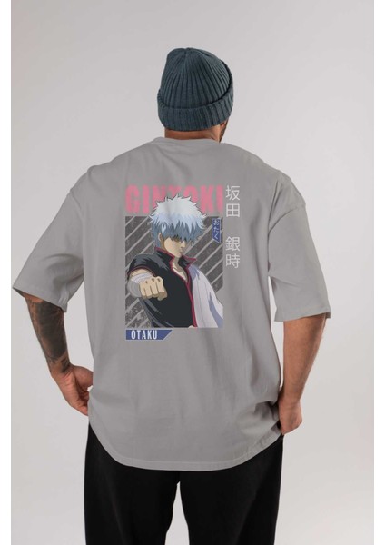 Gintoki Sakata Gıntama 2 Anime Arka Baskılı Gri Oversize T-Shirt %100 Pamuk Erkek Kadın