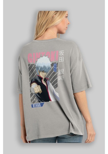 Gintoki Sakata Gıntama 2 Anime Arka Baskılı Gri Oversize T-Shirt %100 Pamuk Erkek Kadın modelleri