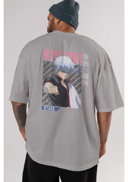 Gintoki Sakata Gıntama 2 Anime Arka Baskılı Gri Oversize T-Shirt %100 Pamuk Erkek Kadın indirimleri