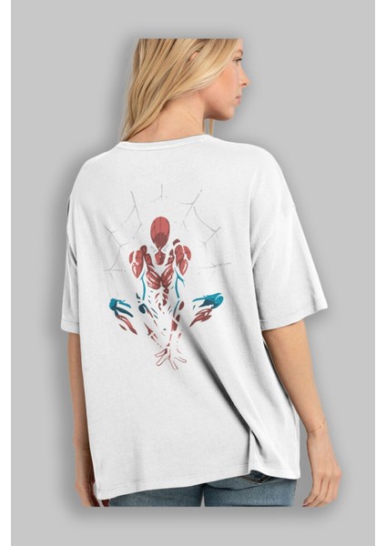 Spiderman (15) Arka Baskılı Beyaz Oversize T-Shirt Bisiklet Yaka Pamuk Erkek Kadın modelleri