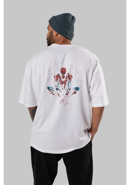 Spiderman (15) Arka Baskılı Beyaz Oversize T-Shirt Bisiklet Yaka Pamuk Erkek Kadın fırsatları