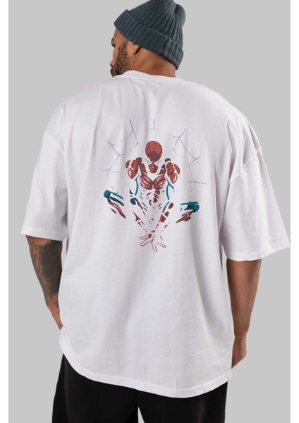 Spiderman (15) Arka Baskılı Beyaz Oversize T-Shirt Bisiklet Yaka Pamuk Erkek Kadın indirimleri