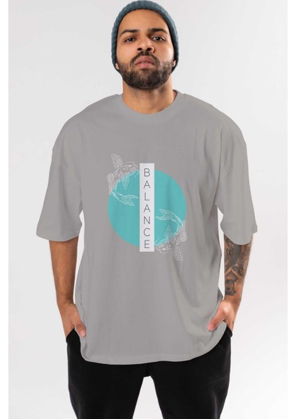Balance 2 Yazılı Ön Baskılı Gri Oversize T-Shirt Unisex Erkek Kadın Bisiklet Yaka