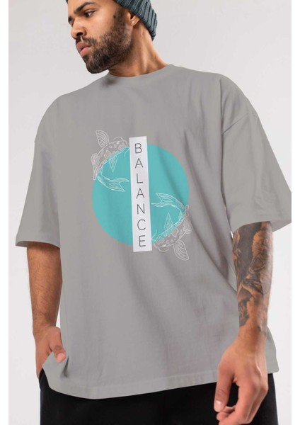 Balance 2 Yazılı Ön Baskılı Gri Oversize T-Shirt Unisex Erkek Kadın Bisiklet Yaka modelleri