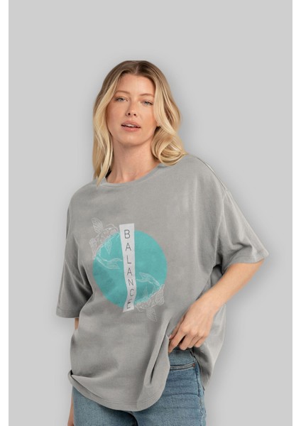 Balance 2 Yazılı Ön Baskılı Gri Oversize T-Shirt Unisex Erkek Kadın Bisiklet Yaka fırsatları
