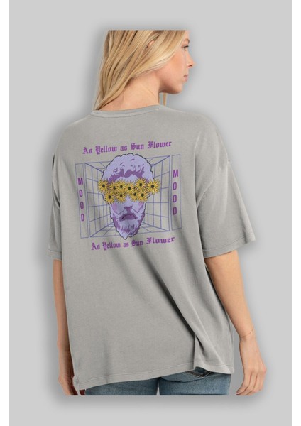As Yellow As Sunflower Arka Baskılı Gri Oversize T-Shirt Unisex Erkek Kadın Bisiklet Yaka modelleri