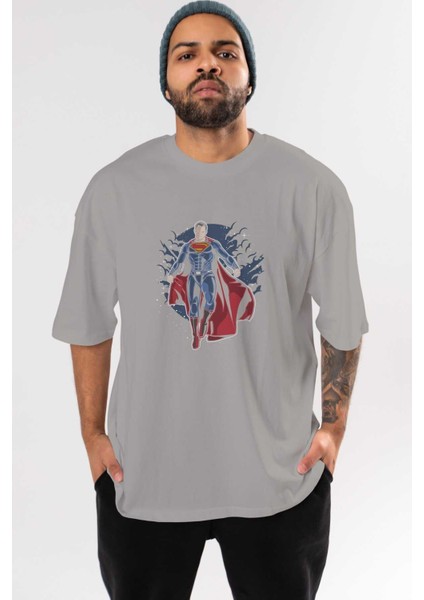Superman Ön Baskılı Gri Oversize T-Shirt Unisex Erkek Kadın Bisiklet Yaka