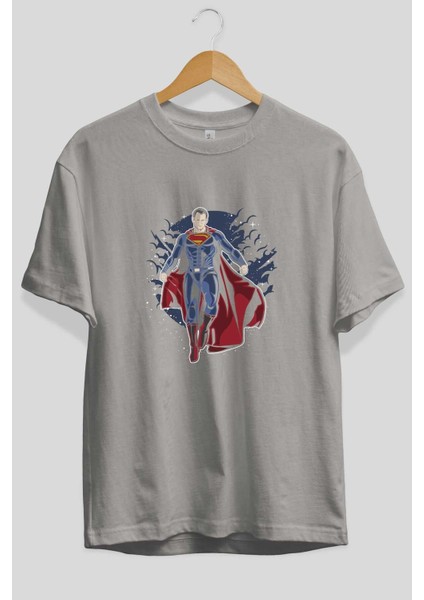 Superman Ön Baskılı Gri Oversize T-Shirt Unisex Erkek Kadın Bisiklet Yaka fiyatları