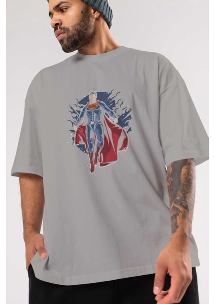 Superman Ön Baskılı Gri Oversize T-Shirt Unisex Erkek Kadın Bisiklet Yaka modelleri