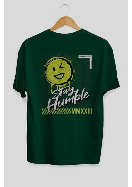 Stay Humble Arka Baskılı Zümrüt Yeşili Oversize T-Shirt Erkek Kadın Bisiklet Yaka fiyatları