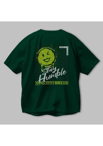Stay Humble Arka Baskılı Zümrüt Yeşili Oversize T-Shirt Erkek Kadın Bisiklet Yaka modelleri