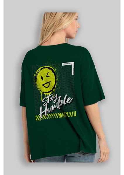 Stay Humble Arka Baskılı Zümrüt Yeşili Oversize T-Shirt Erkek Kadın Bisiklet Yaka fırsatları