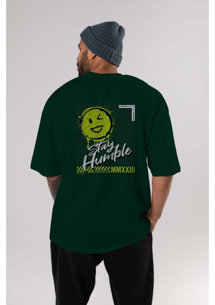 Stay Humble Arka Baskılı Zümrüt Yeşili Oversize T-Shirt Erkek Kadın Bisiklet Yaka indirimleri