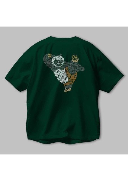 Warrior Panda Arka Baskılı Zümrüt Yeşili Oversize T-Shirt Erkek Kadın Bisiklet Yaka modelleri