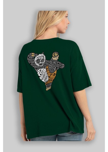 Warrior Panda Arka Baskılı Zümrüt Yeşili Oversize T-Shirt Erkek Kadın Bisiklet Yaka fırsatları