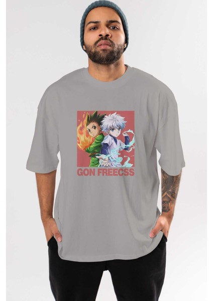 Gon Freecss Hunter x Hunter 4 Anime Ön Baskılı Gri Oversize T-Shirt %100 Pamuk Erkek Kadın