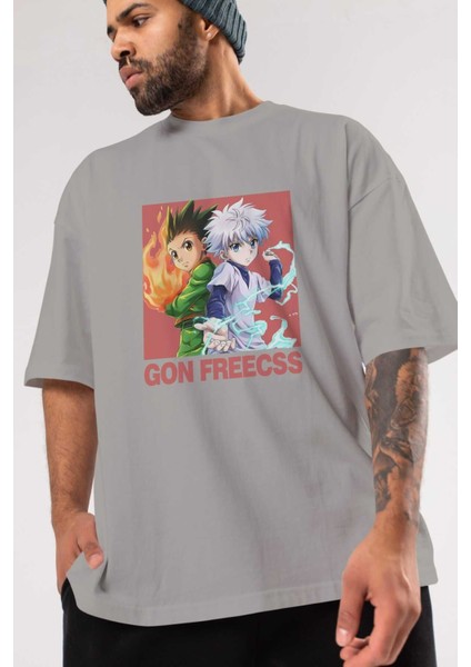 Gon Freecss Hunter x Hunter 4 Anime Ön Baskılı Gri Oversize T-Shirt %100 Pamuk Erkek Kadın modelleri