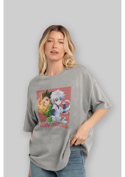 Gon Freecss Hunter x Hunter 4 Anime Ön Baskılı Gri Oversize T-Shirt %100 Pamuk Erkek Kadın fırsatları