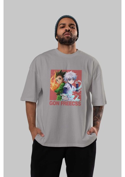 Gon Freecss Hunter x Hunter 4 Anime Ön Baskılı Gri Oversize T-Shirt %100 Pamuk Erkek Kadın indirimleri