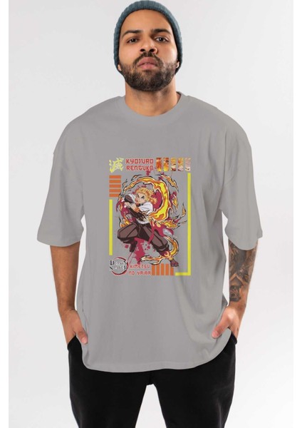 Kyojuro Rengoku Anime Ön Baskılı Gri Oversize T-Shirt %100 Pamuk Erkek Kadın