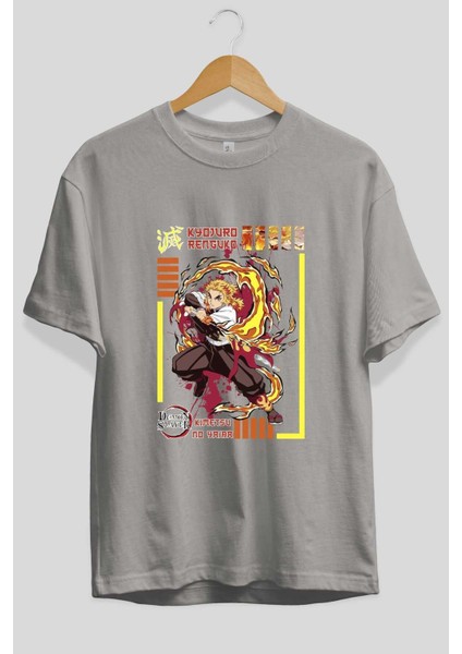 Kyojuro Rengoku Anime Ön Baskılı Gri Oversize T-Shirt %100 Pamuk Erkek Kadın fiyatları