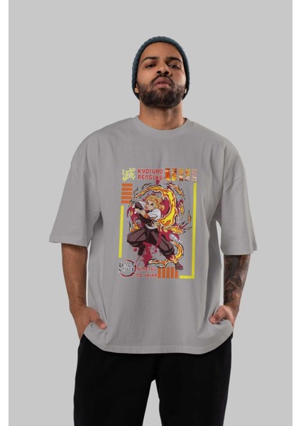 Kyojuro Rengoku Anime Ön Baskılı Gri Oversize T-Shirt %100 Pamuk Erkek Kadın indirimleri