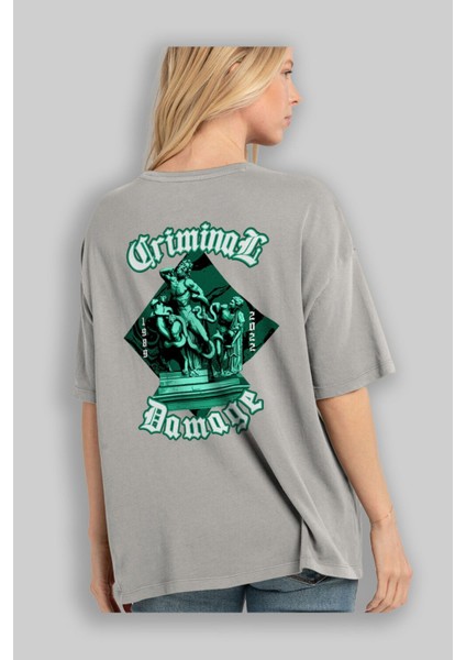 Criminal Damage Arka Baskılı Gri Oversize T-Shirt Unisex Erkek Kadın Bisiklet Yaka modelleri