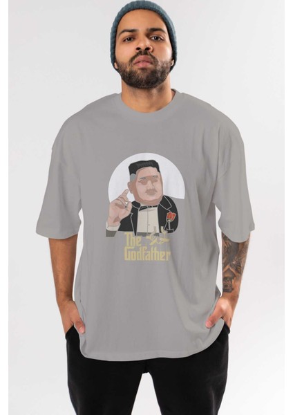 Godfather Jong Un Ön Baskılı Gri Oversize T-Shirt Unisex Erkek Kadın Bisiklet Yaka
