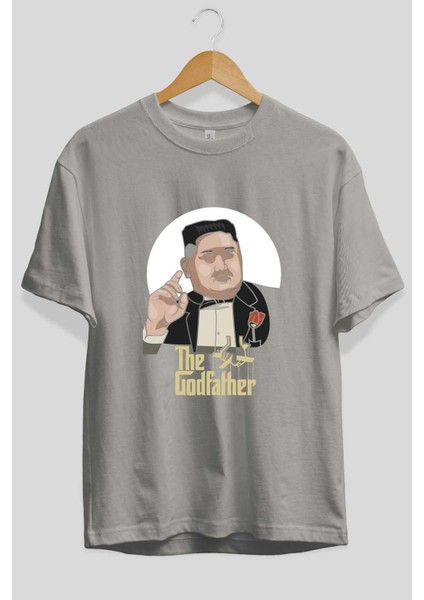 Godfather Jong Un Ön Baskılı Gri Oversize T-Shirt Unisex Erkek Kadın Bisiklet Yaka fiyatları