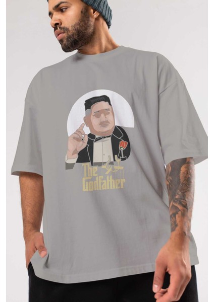 Godfather Jong Un Ön Baskılı Gri Oversize T-Shirt Unisex Erkek Kadın Bisiklet Yaka modelleri
