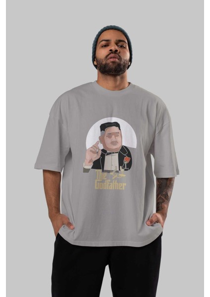 Godfather Jong Un Ön Baskılı Gri Oversize T-Shirt Unisex Erkek Kadın Bisiklet Yaka indirimleri