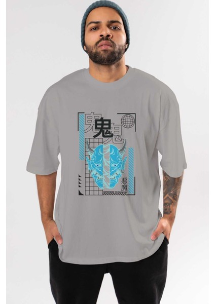 Japan Mythology Ön Baskılı Gri Oversize T-Shirt Unisex Erkek Kadın Bisiklet Yaka
