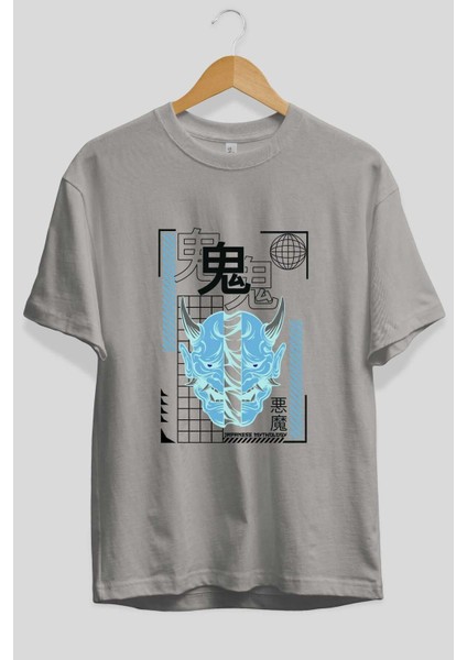 Japan Mythology Ön Baskılı Gri Oversize T-Shirt Unisex Erkek Kadın Bisiklet Yaka fiyatları