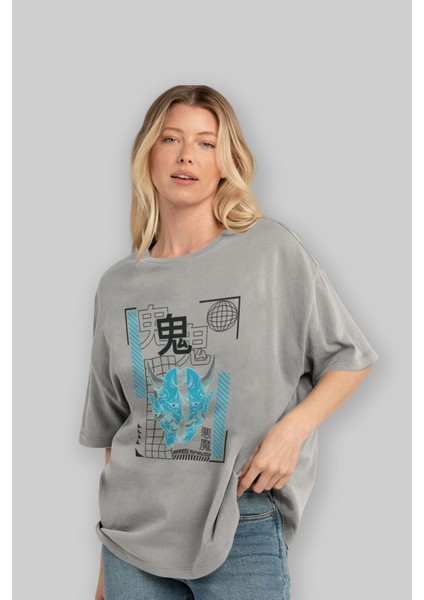 Japan Mythology Ön Baskılı Gri Oversize T-Shirt Unisex Erkek Kadın Bisiklet Yaka fırsatları