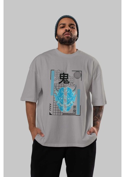 Japan Mythology Ön Baskılı Gri Oversize T-Shirt Unisex Erkek Kadın Bisiklet Yaka indirimleri