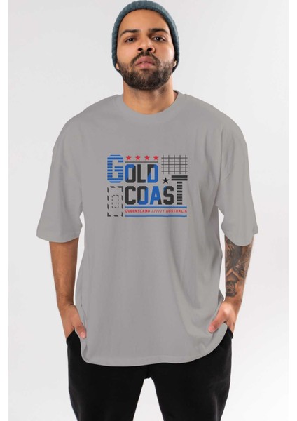 Gold Coast Ön Baskılı Gri Oversize T-Shirt Unisex Erkek Kadın Bisiklet Yaka